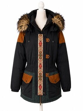 Vintage Julia Michaels Parka Medium Faux Fur Hood Embroidered 90s Ski Jacket